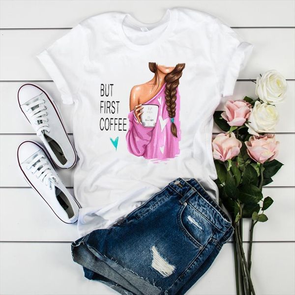 

print first coffee fashion casual women short sleeve tees graphic female ladies womens lady t shirt, White