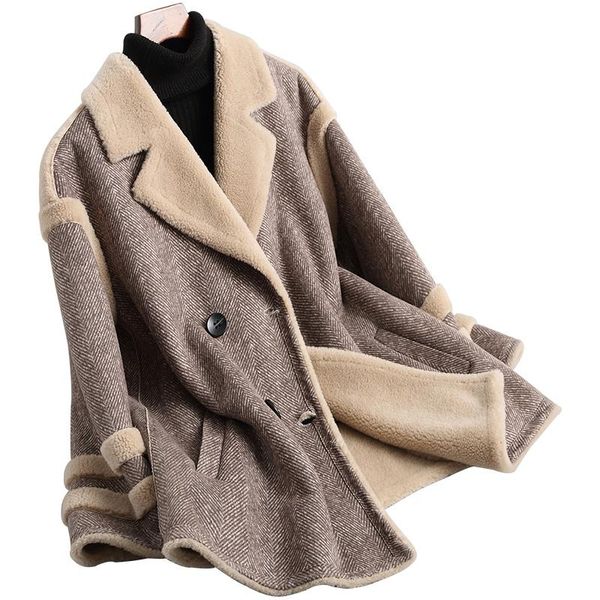 

women's fur & faux wool jacket sheep shearing coats women clothes 2021 fashion real coat winter short korean zt295, Black