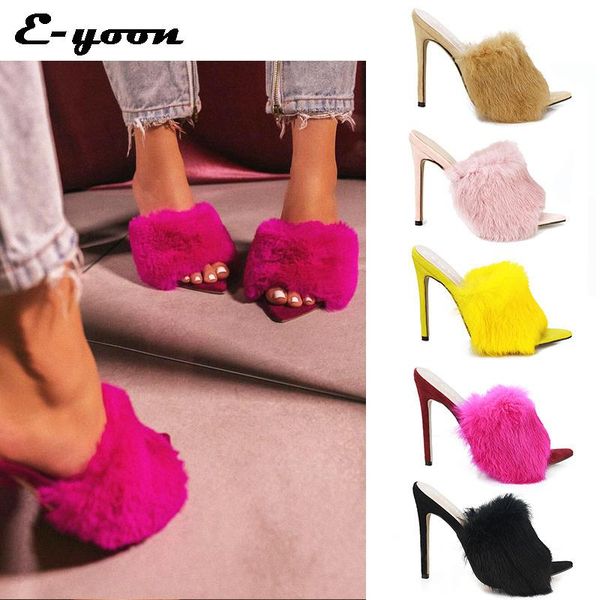 

sandals 43woman slippers 2021 feather design thin heel perspex high heels fur peep toe ladies mules slides shoes 11cm, Black