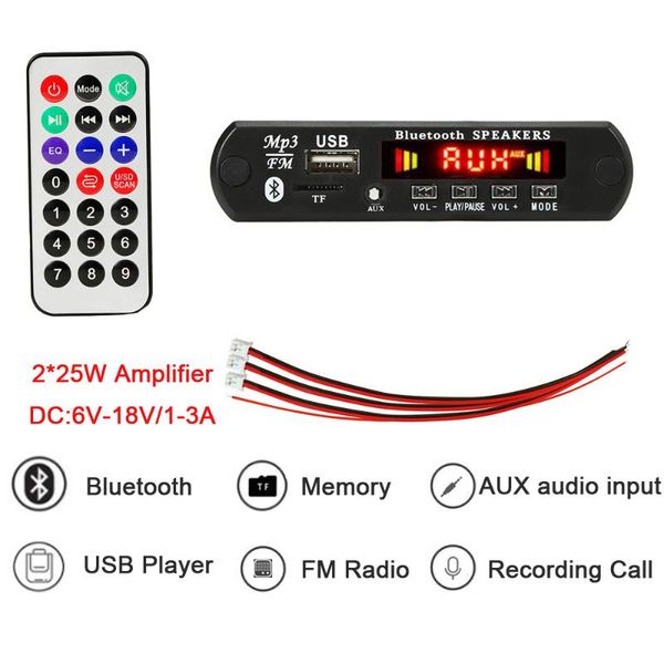 

car audio usb tf fm radio module wireless bluetooth 12v mp3 wma decoder board support 2*15/25w with remote & mp4 players