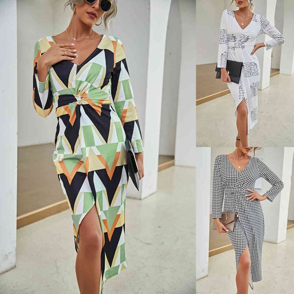 

autumn v-neck long sleeve printed evening, Black;gray