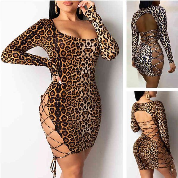 

party dresses autumn and winter women designer u-neck selling super nightclub leopard print open back lace up buttock short dress, White;black