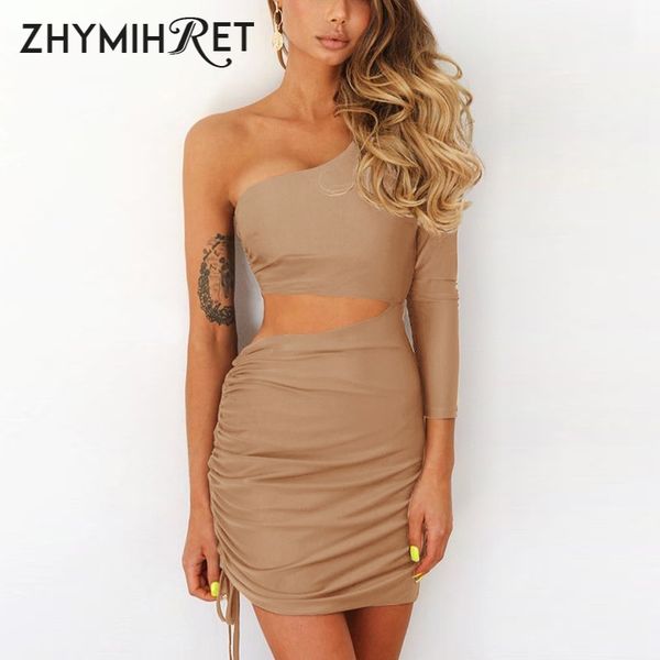 

2021zhymihret fashion fall one shoulder dress women 2021 ruched waist hollow out dresses long sleeve vestido de festa longo, Black;gray