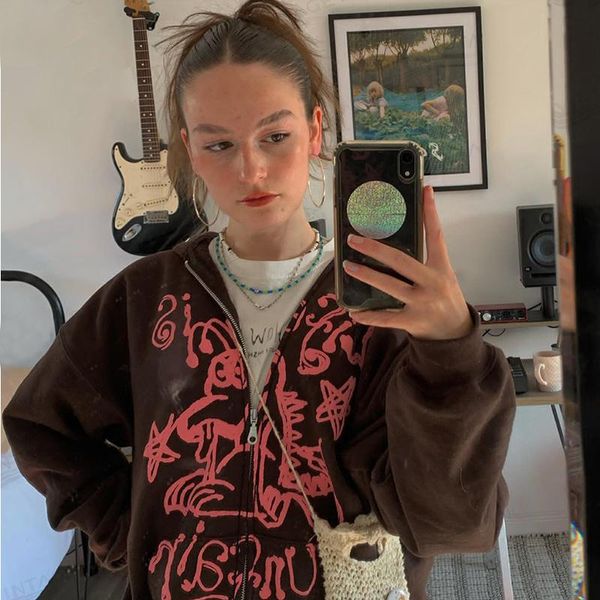 

women's hoodies & sweatshirts hiriginÂ y2k vintage female sweatshirt oversized women autumn long sleeve zip up e-girl harajuku grunge go, Black