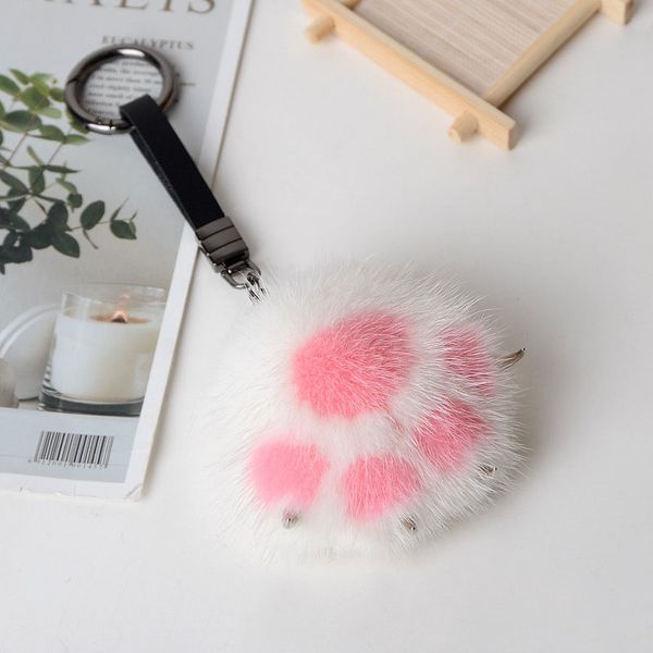 

kawaii women creative mink fur cat paw chain cute bag charm ornaments soft pompom plush bear claw ring car key pendant, Silver