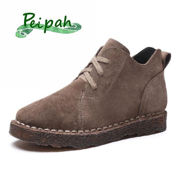 

boots peipah cow suede real leather winter ankle for women lace up flat with fur shoes ladies warm solid rubber oxford, Black