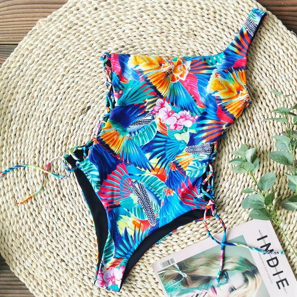 

one-piece suits women's swimsuit printed one shoulder piece strap 2021