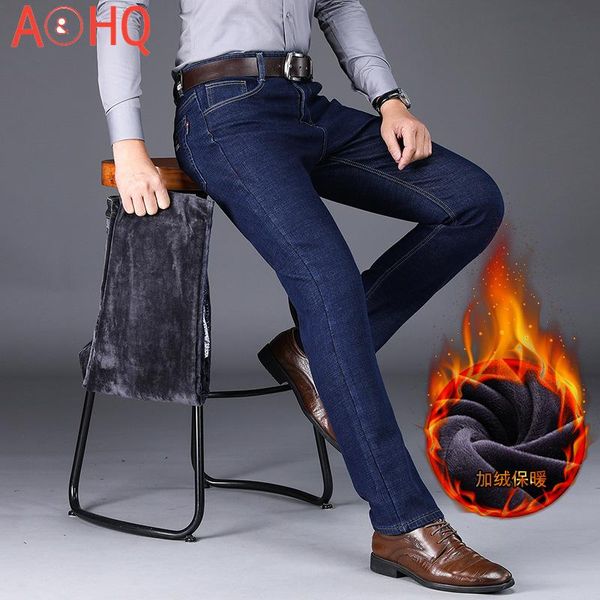 

men's jeans fleece winter warm men casual straight stretch black blue thick denim male 2021