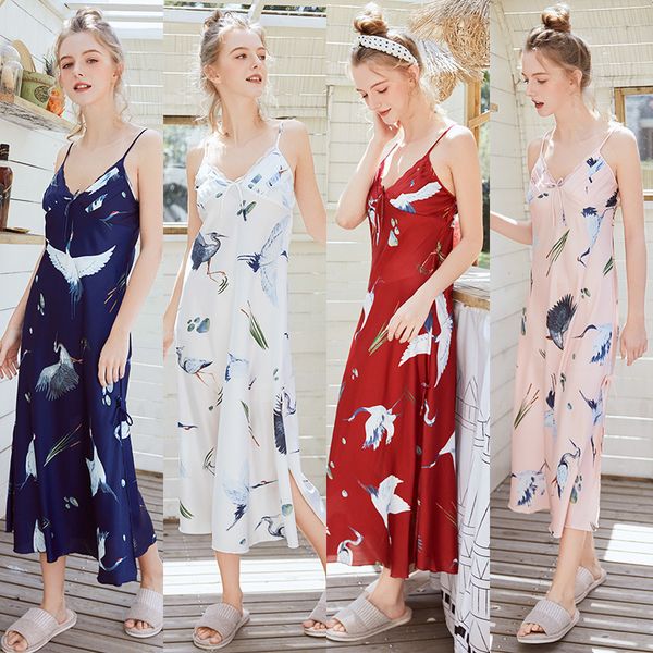 

ice silk satin pajamas pajamas women's summer long crane suspender nightdress summer housewear 1089, Black;red