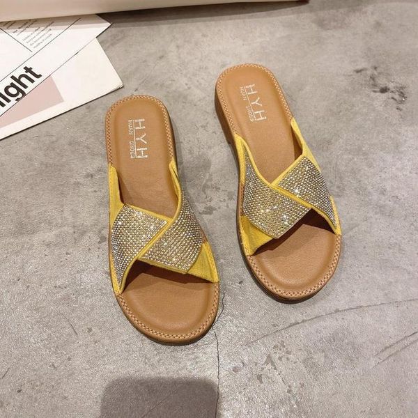 

slippers casual summer women's 2021 fashion all-match splicing vamp rhinestone decoration trend open-toed, Black