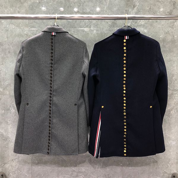 

blends fashion tb thom brand windbreaker men wool casual long winter woolen coat thick striped jacket back buttons clothing, Black