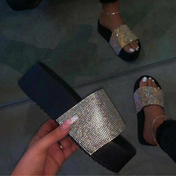

75% off outlet online wild fashion ladies spring summer women waterproof platform thick bottom rhinestone slippers candy-colored beach sanda, Black