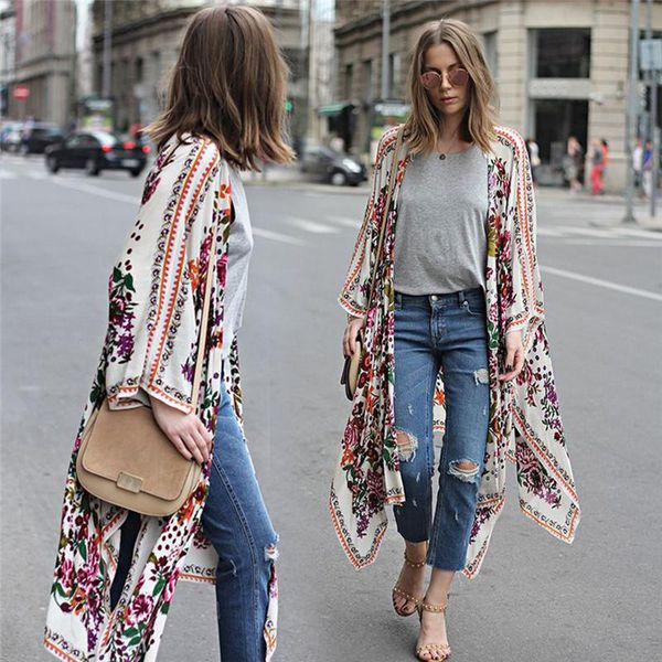 

women's blouses & shirts women floral print blouse summer loose casual boho chiffon long coat shawl kimono cardigan s-3xl, White