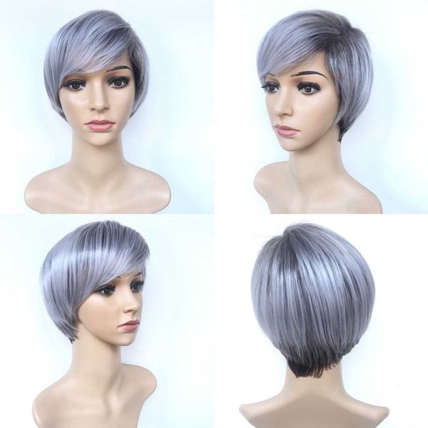 

mixed color gray black short straight hair chemical fiber wig hr8333