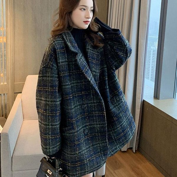 

women's jacket 2021 woolen coat plaid tweed mid-length female thick winter and autumn ladies oversized jackets, Black;brown