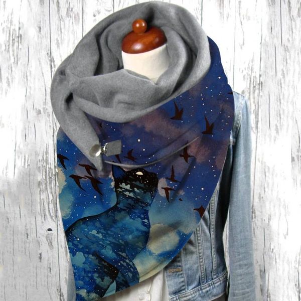 

scarves women fashion printing button soft wrap scarf autumn winter warm cats prints double-layer buckle scarve foulard, Blue;gray