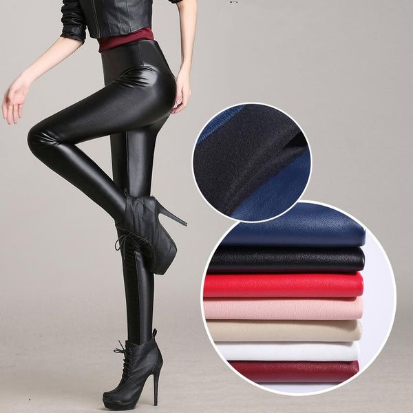 

women's pants & capris plus size spring winter women pu leather warm velvet high waist skinny elastic pencil for woman trousers pantalo, Black;white