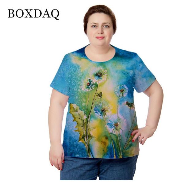 

plus size t-shirt boxdaq women dandelion plant flowers print t shirt summer bohemia female short sleeve casual cotton 5xl 6xl, Black