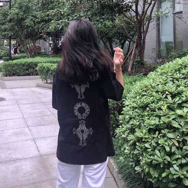 

ins embroidery tide brand t-shirt female 2021 new super fire cross sanskrit short loose half sleeve top, White;black