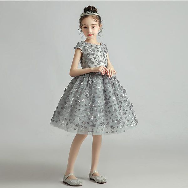 

girl's dresses flower girl illusion embroidery appliques knee-length short o-neck tulle princess luxury gray lace kids party gown h344, Red;yellow