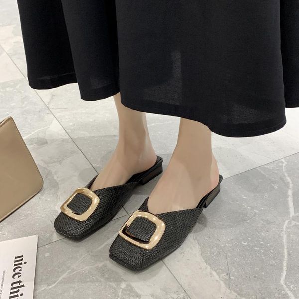 

slippers 2021 fashion ladies square buckle decoration flat elegant and simple flip flop spring wild single shoes u30-12, Black