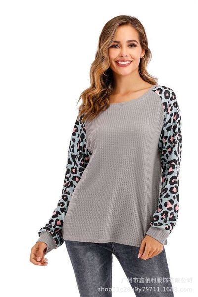 

t shirt overseas leisure leopard camouflage splicing long sleeve women's, White