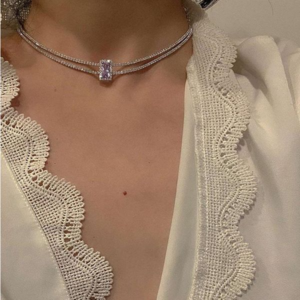 

chokers 2021 fashion choker necklace for women double layer chain square crystal pendant necklaces jewelry girl gift, Golden;silver