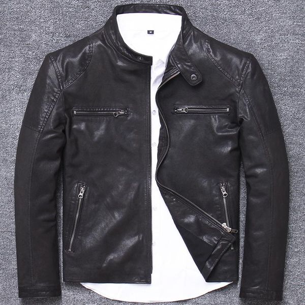 

men's leather & faux vegetable tanning sheepskin genuine clothing male stand lead leisure time cycling wear business affairs wind, Black