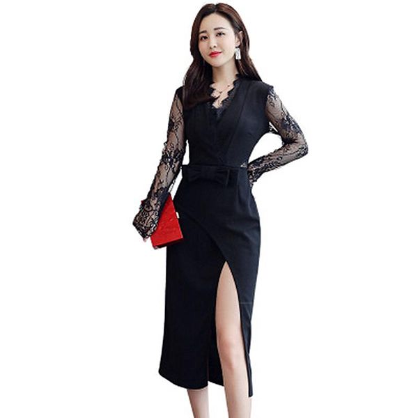 

casual dresses 2021 spring dress large size split fashion slim waist slimming lace bow stitching irregular women's clothing, Black;gray