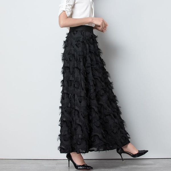 

skirts spring 2021 women pleated skirt fashion feather tassel high waisted elastic casual party long y524, Black