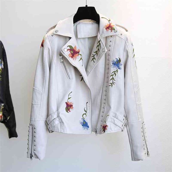 

yizzhoy spring autumn floral print embroidery faux leather jacket women high street motorcycle black punk outerwear biker jacket 210923, Black;brown