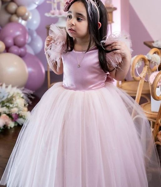 

2021 simple pink flower girl dresses ball gown feather tulle lilttle kids birthday pageant weddding gowns, White;blue
