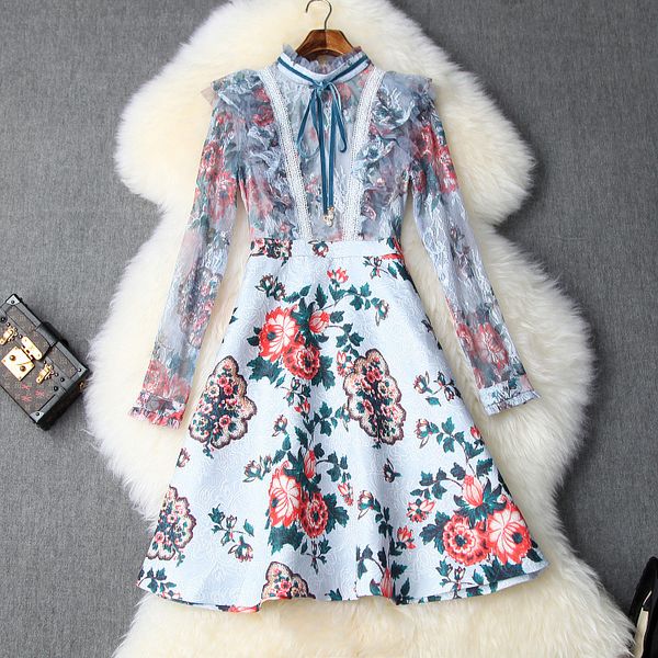 

fall/winter slim slimming lace stand collar ruffled lace long sleeve vintage jacquard cute youth-looking formal dress, White;black