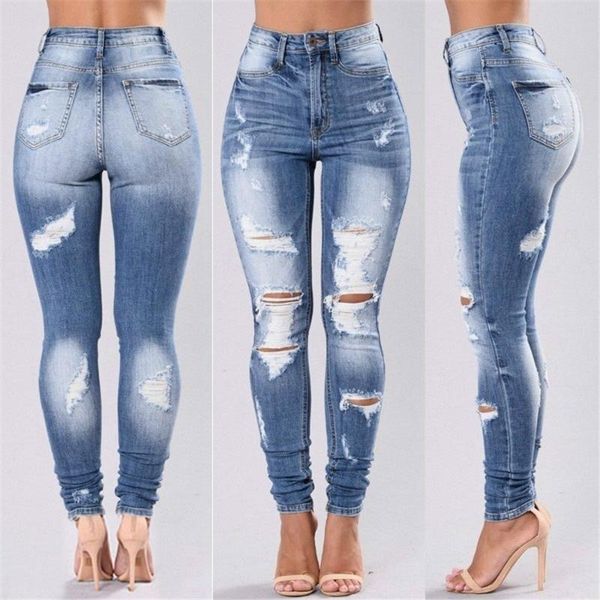 

women's jeans high waist women slim hole ripped denim casual stretch skinny trousers, Blue