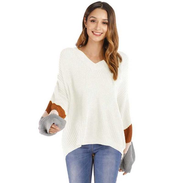 

vintage elegant sweaters and pullovers women autumn long sleeve deep v-neck female plus size casual knitted pullover 210608, White;black