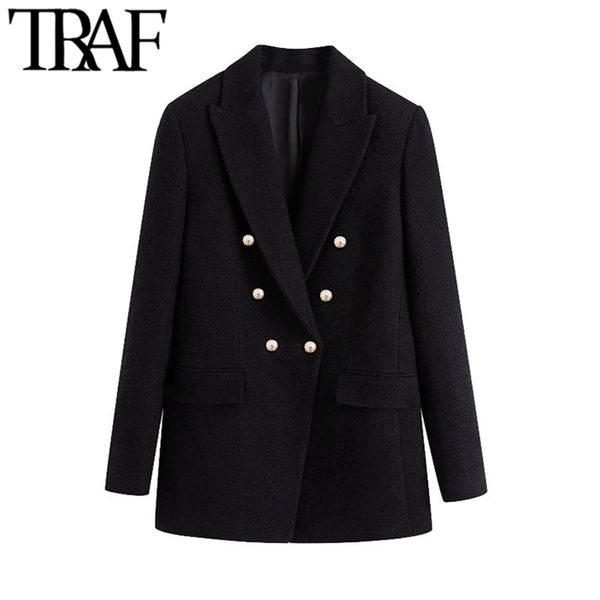

traf women fashion office wear double breasted tweed blazer coat vintage long sleeve pockets female outerwear chic 211120, White;black