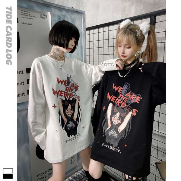 

Autumn and winter new print two dimensional air girl animation loose lazy trend high street dark long sleeve T-shirt, Black