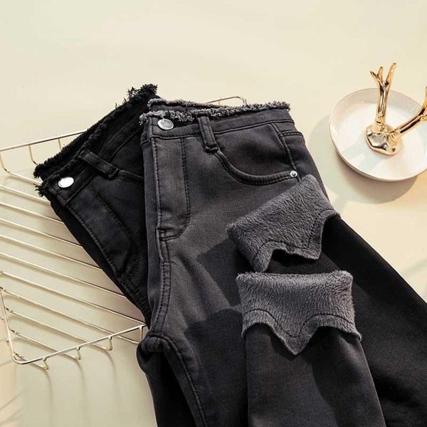 

women's jeans 2021 winter high waist stretch nine pants women korea solid color plus velvet thickening thin large size feet, Blue
