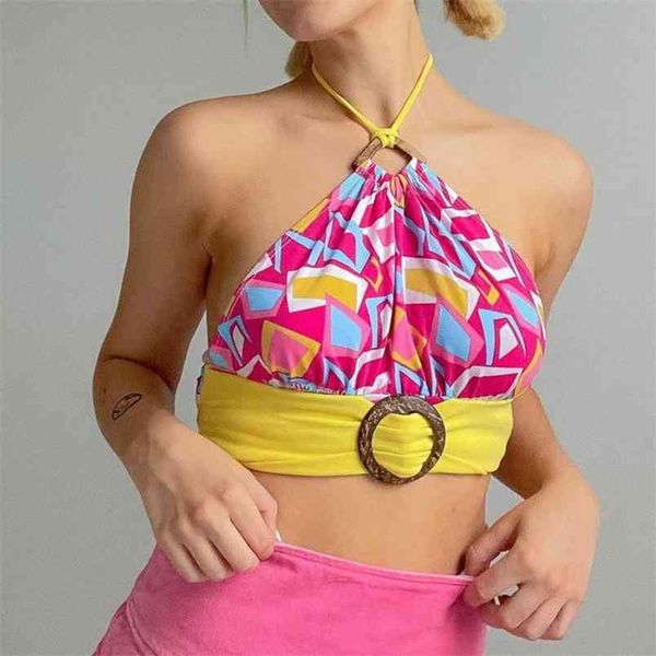 

geometry plaid printed y2k halter crop patched women fashion summer chic sleeveless backless tee party tank female shirt 210510, White