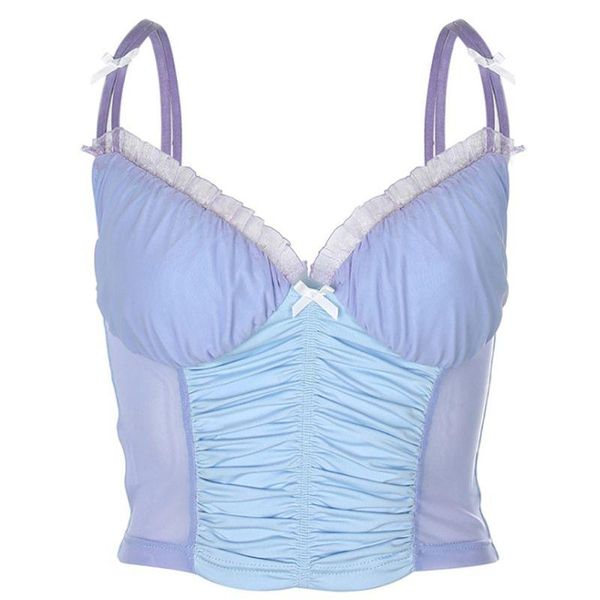 

women's tanks & camis women sleeveless colorblock crop v-neck mesh splicing ruffle vest, White