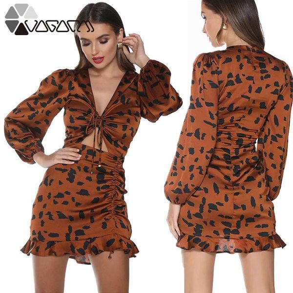 

ladies mini dress autumn drawstring bow puff long sleeve v-neck ruffled woman dresses hollow out party vintage vestidos casual, Black;gray