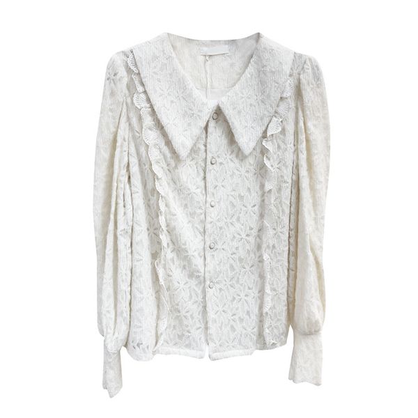 

women chic white beige turn down collar long sleeve shirt blouse button winter autumn lace b0728 210514