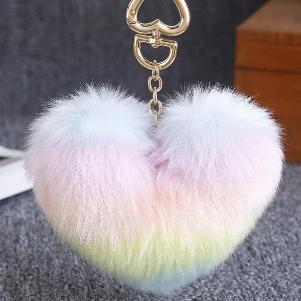 

keychains cute heart shape fluffy pompom car keychain for women imitation fur pom poms ball pendant keyring holder charm bag gifts, Silver