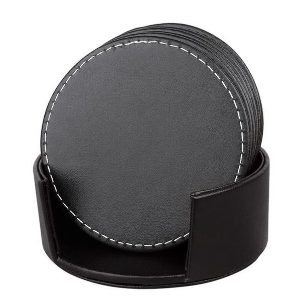 

cups & saucers set of 6 leather drink coasters round cup mat pad for home and kitchen use black