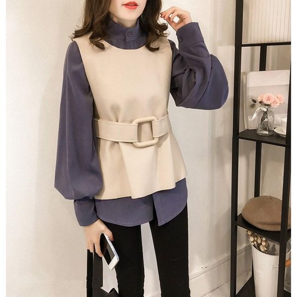 

women's two piece pants plus size women tow sets korean style sleeveless vest and lantern sleeve shirt suits sashes casual loose outfit, White