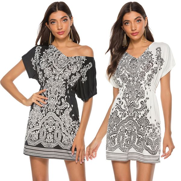 

mini t shirt dress women summer beach boho party vintage print sundress casual loose v neck elasticated waist vestido 210517, Black;gray
