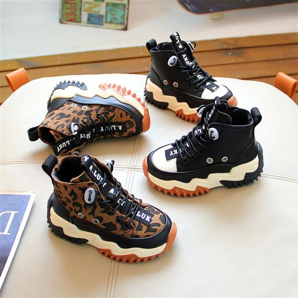 

boots children' leather and velvet sneakers winter 2021 leopard print boys girls light casual shoes cotton, Black;grey