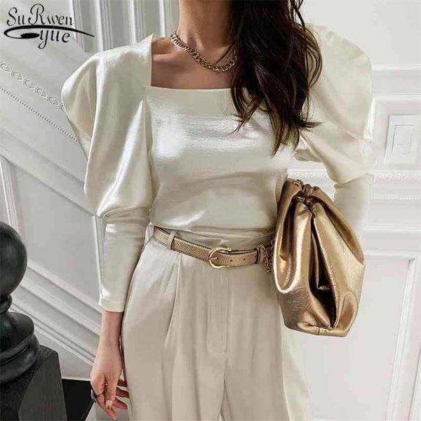 

korean elegant square collar slim wild bubble long sleeve glossy velvet bottom shirt women white silky female 12908 210427