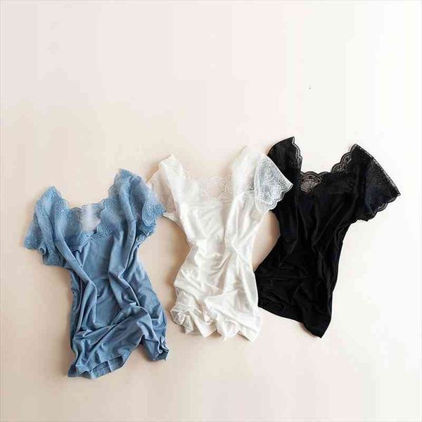 

summer shirt women japan style v-neck short sleeve solid lace pullovers slim patchwork soft lace blouse blue, White