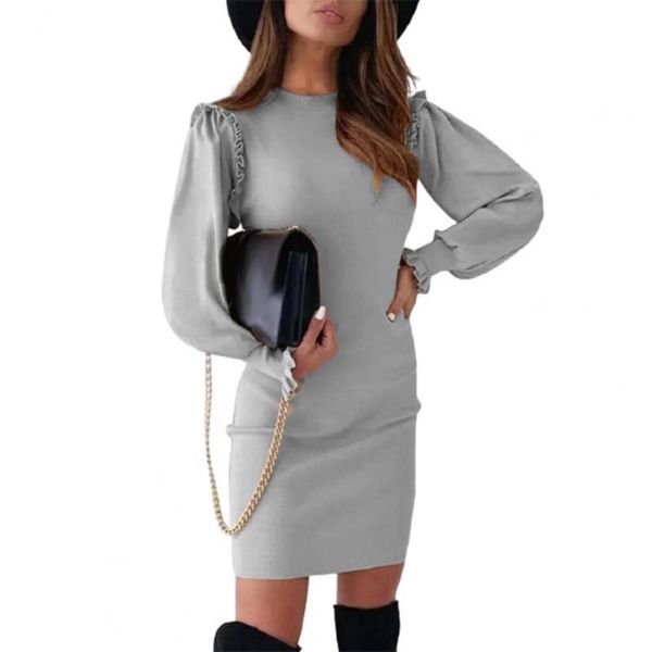 

casual dresses office lady dress ruffles sleeve solid color autumn winter slim round neck bodycon for wedding, Black;gray